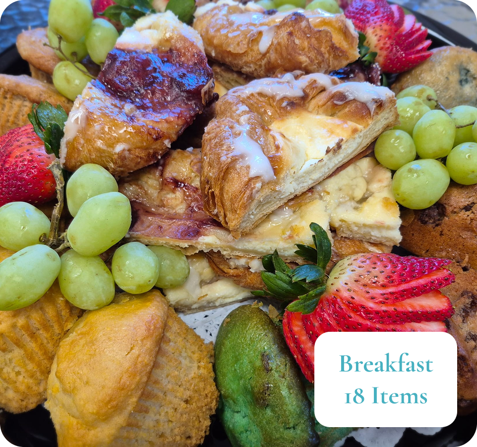Breakfast platter with 18 pastry items