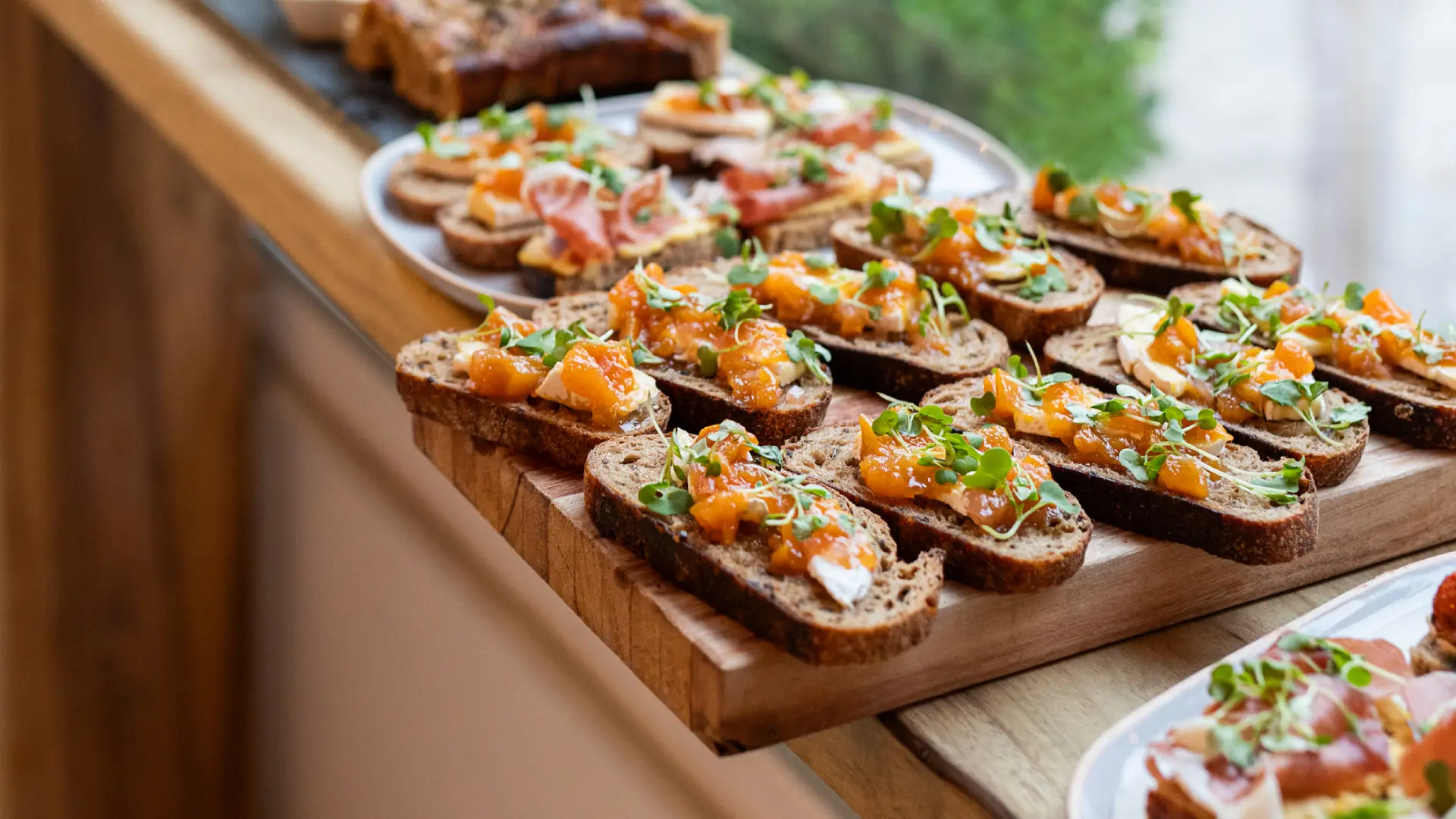 Fresh bruschetta with herbs and salmon