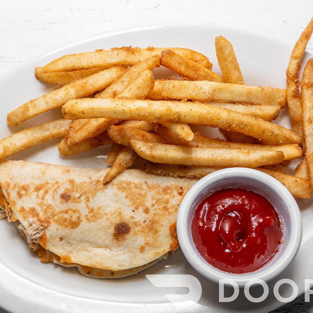Plate of fries and quesadilla